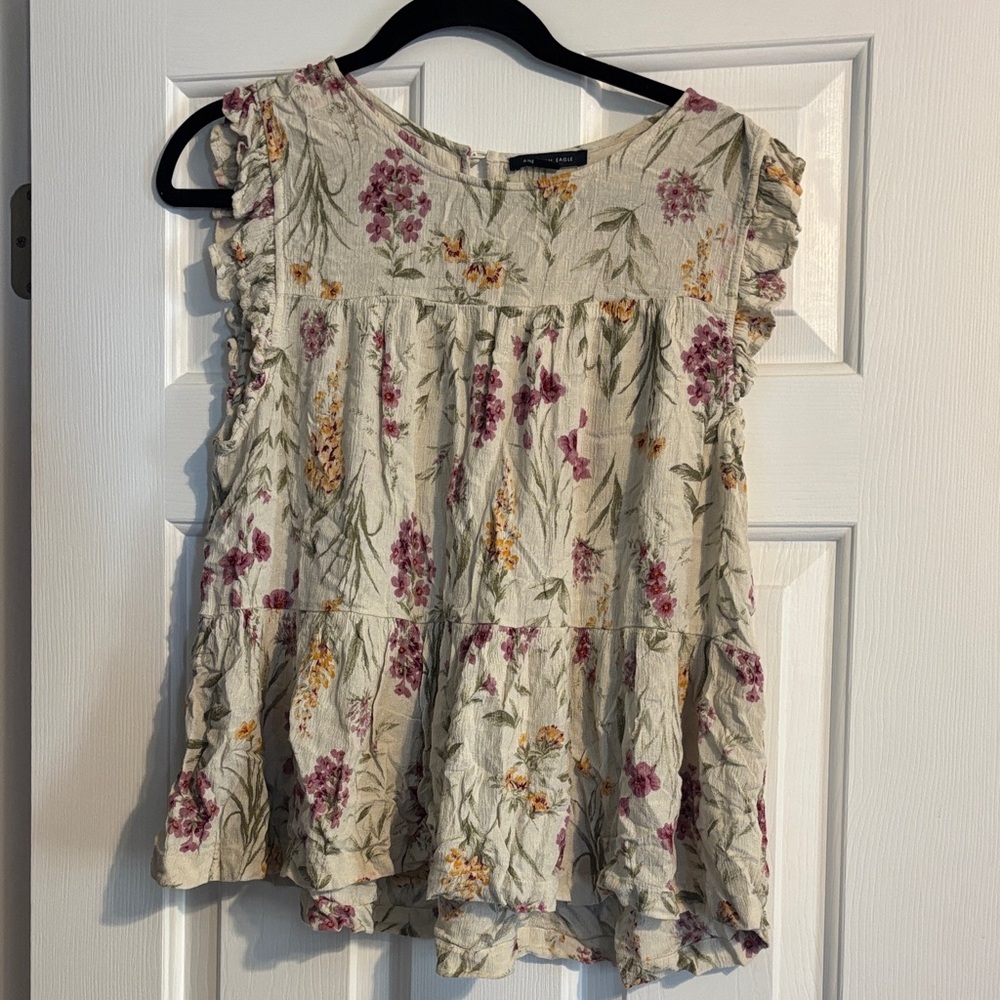 American Eagle Outfitters Floral Ruffle Blouse - Cream, Purple, Orange